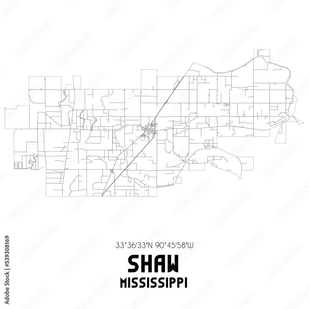 Shaw Mississippi. US street map with black and white lines.
