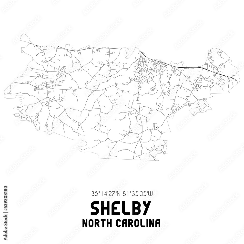 Shelby North Carolina. US street map with black and white lines.