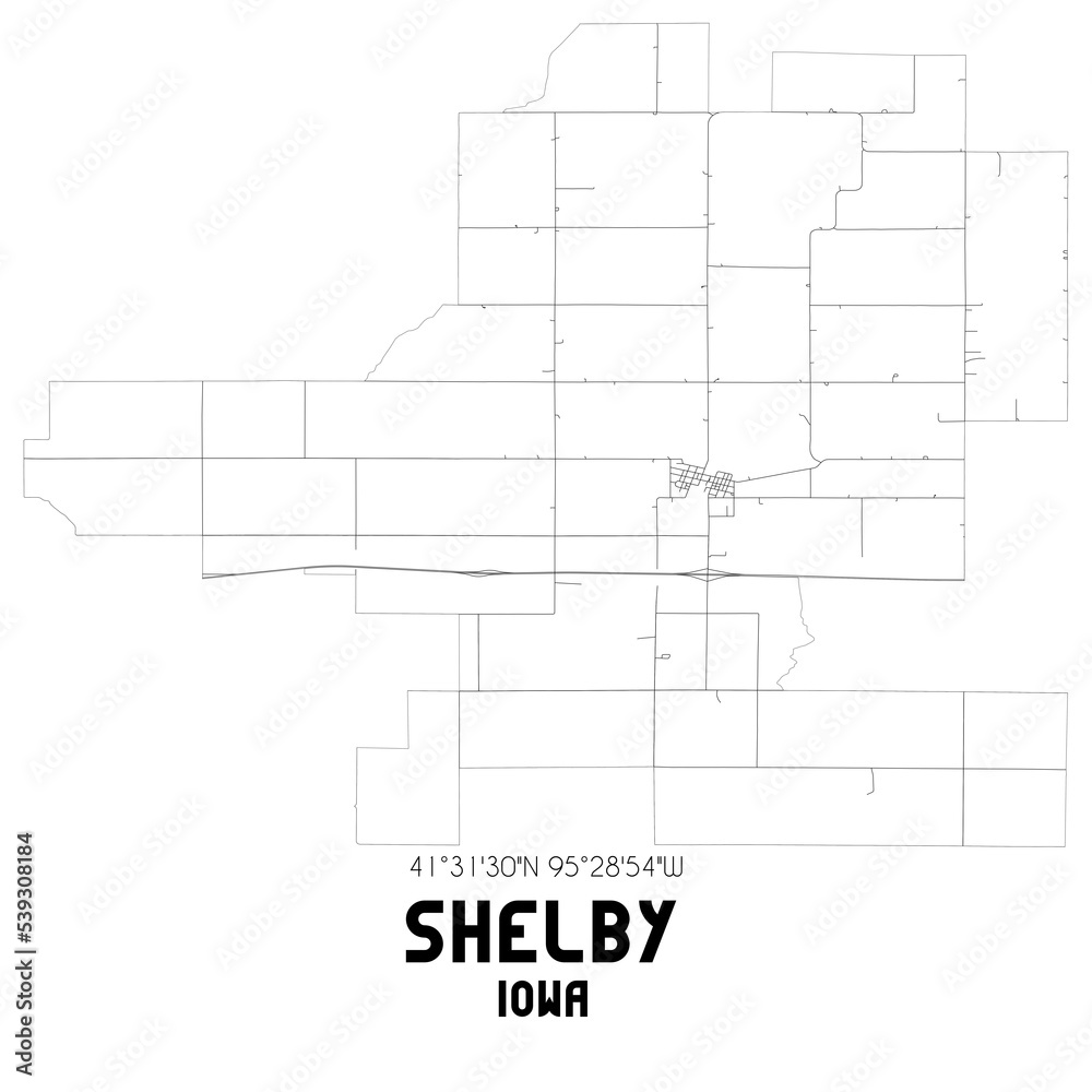 Shelby Iowa. US street map with black and white lines.