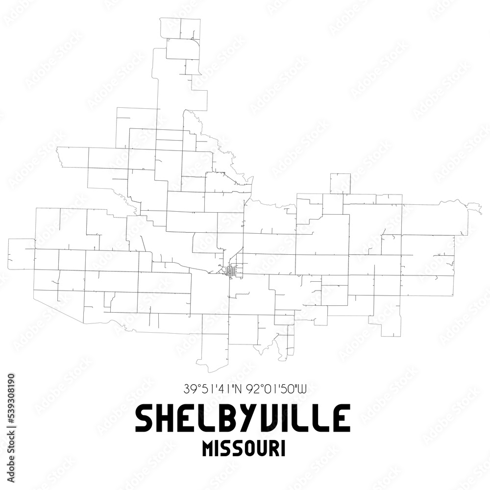 Shelbyville Missouri. US street map with black and white lines.