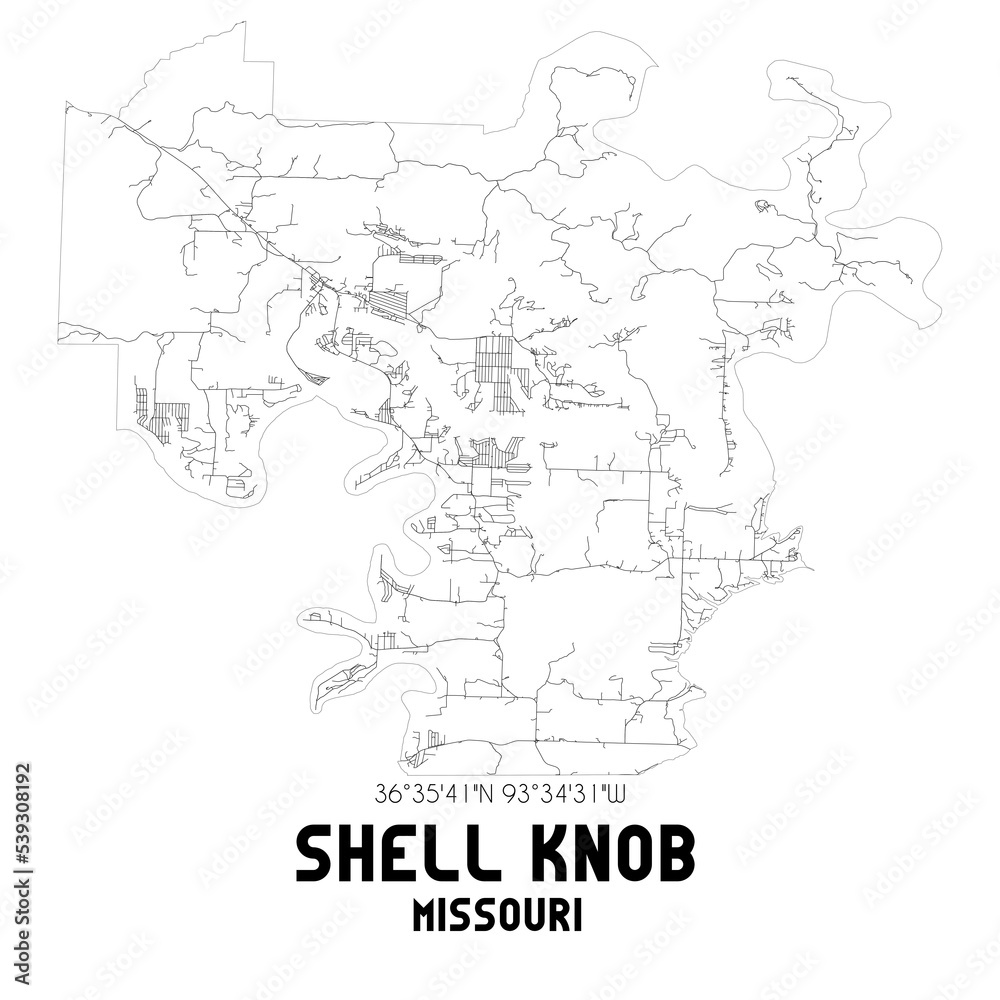 Shell Knob Missouri. US street map with black and white lines.