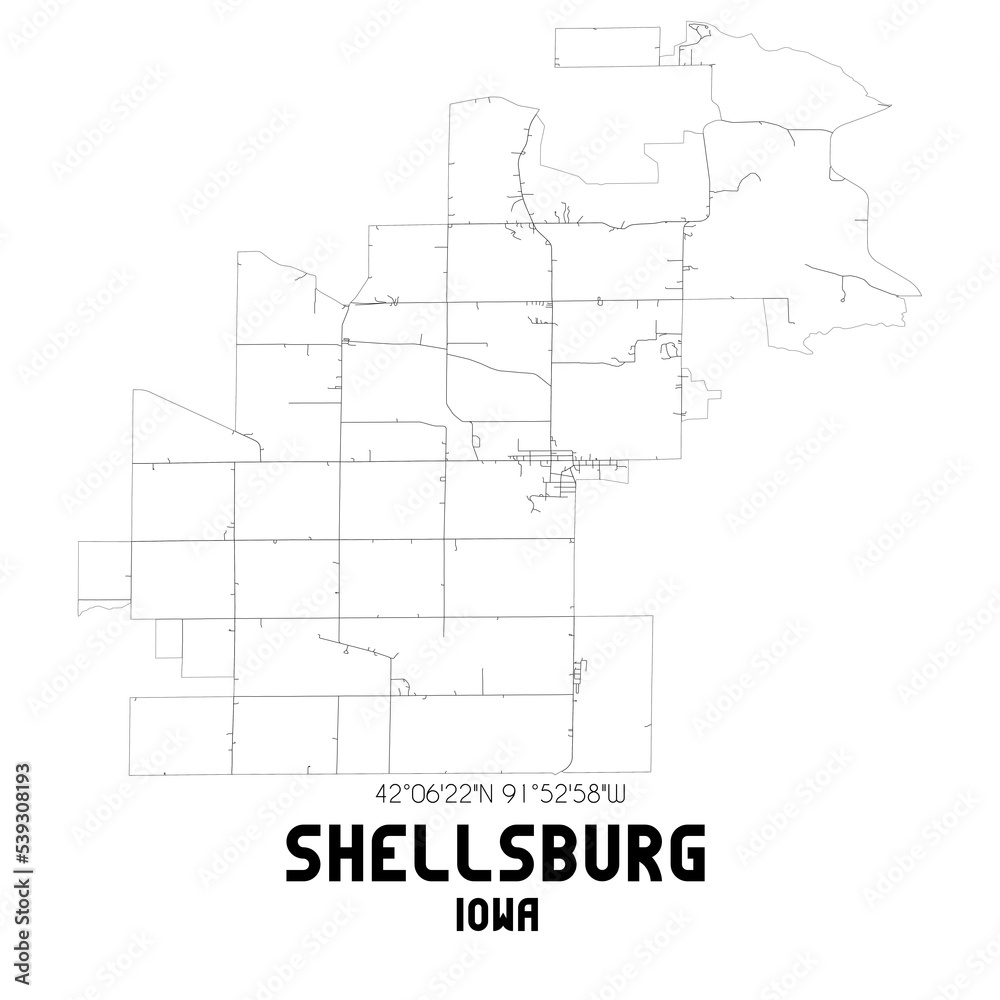 Shellsburg Iowa. US street map with black and white lines.
