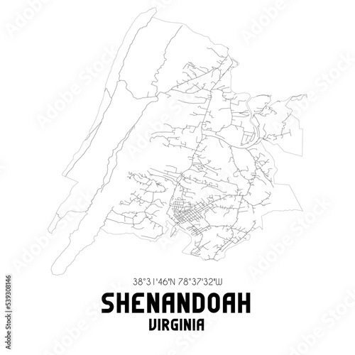 Shenandoah Virginia. US street map with black and white lines.