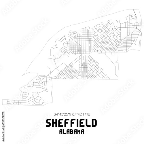 Sheffield Alabama. US street map with black and white lines.