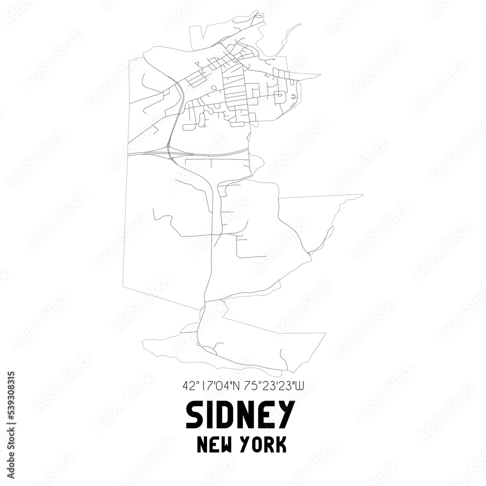 Sidney New York. US street map with black and white lines.