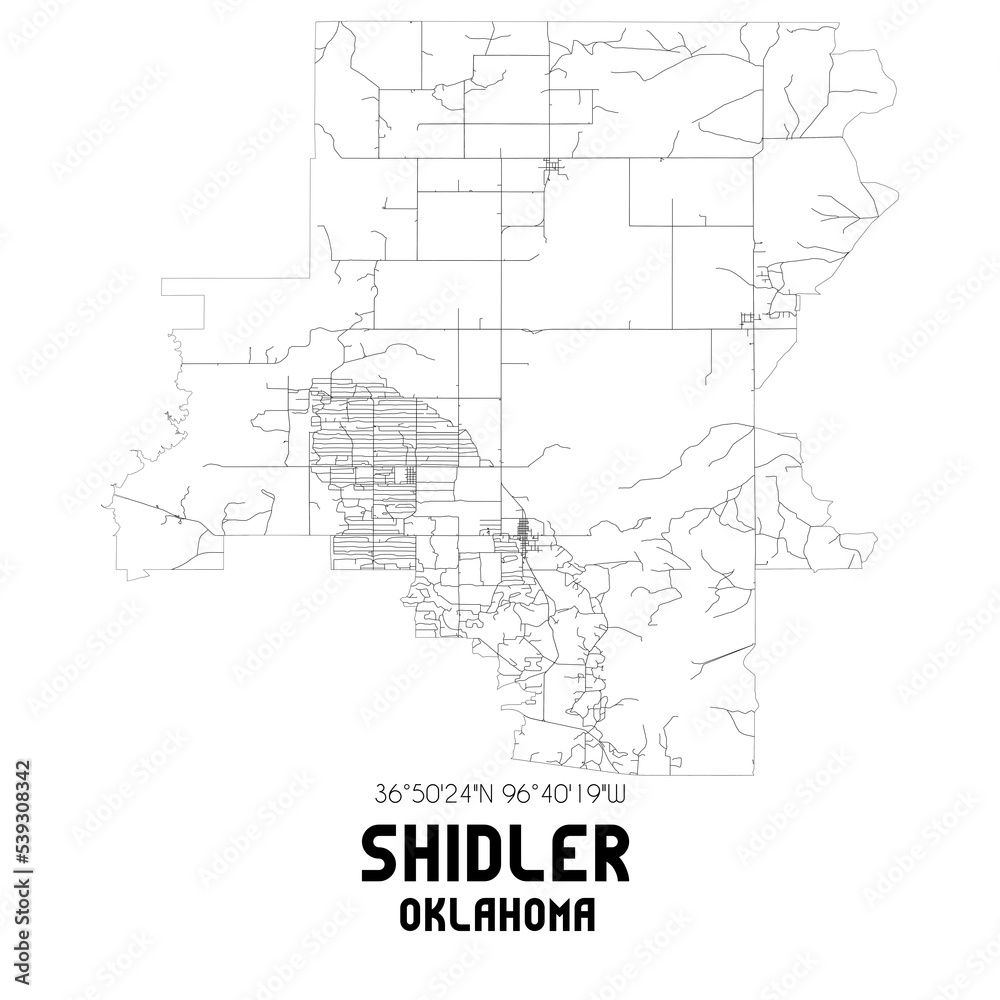 Shidler Oklahoma. US street map with black and white lines.
