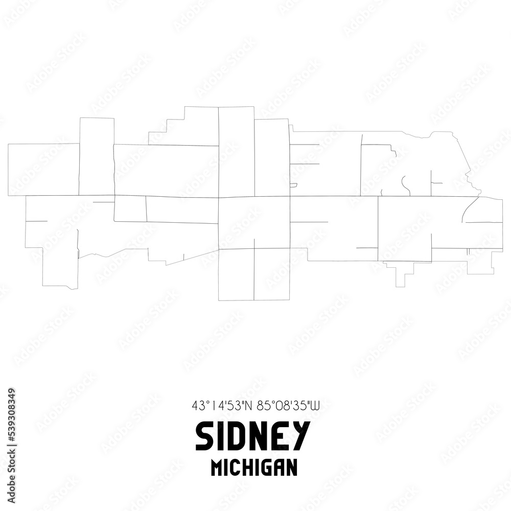 Sidney Michigan. US street map with black and white lines.