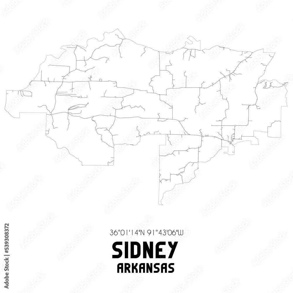 Sidney Arkansas. US street map with black and white lines.