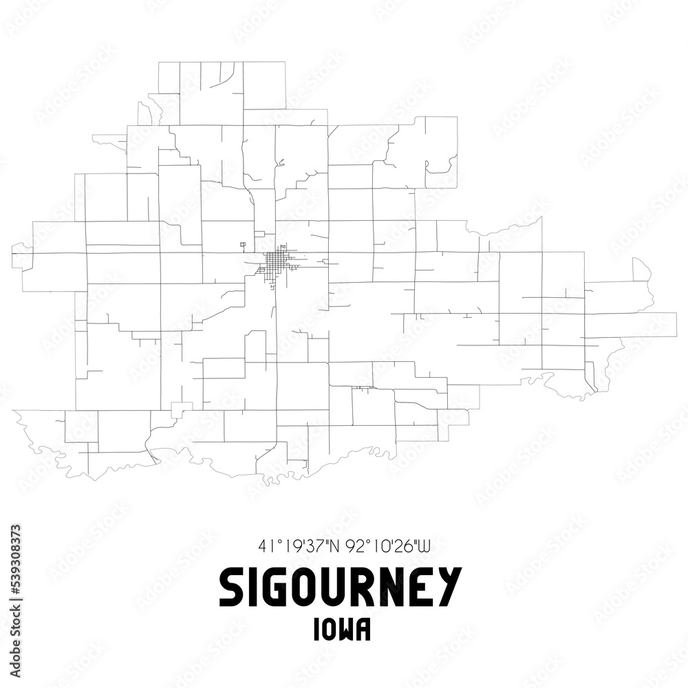 Sigourney Iowa. US street map with black and white lines.