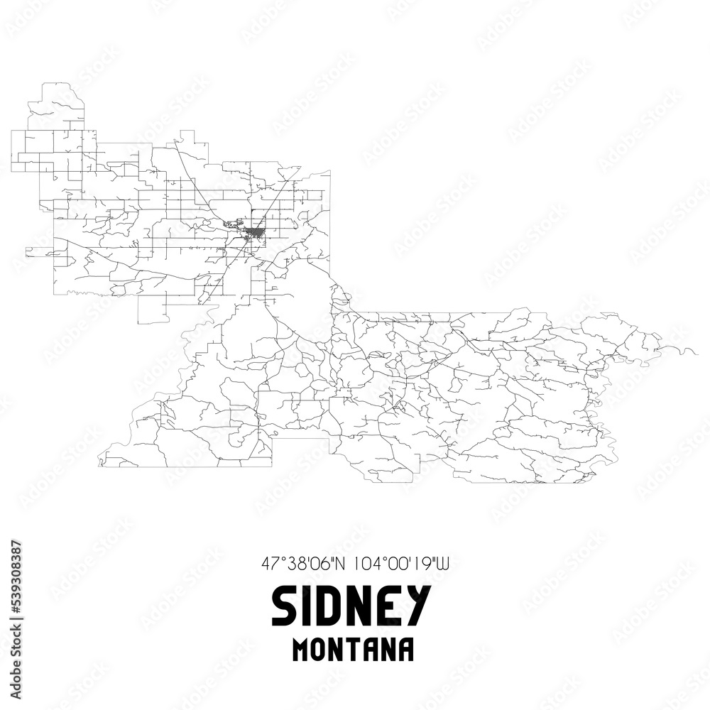 Sidney Montana. US street map with black and white lines.