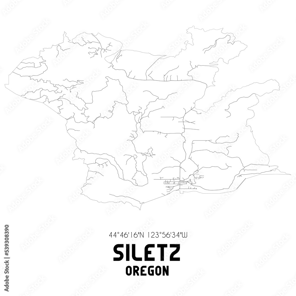 Siletz Oregon. US street map with black and white lines.