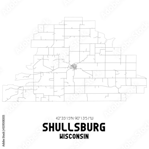 Shullsburg Wisconsin. US street map with black and white lines.