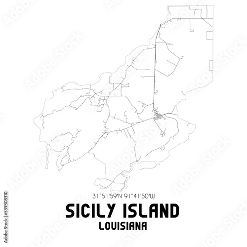 Sicily Island Louisiana. US street map with black and white lines.