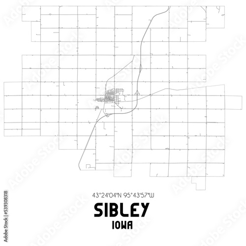 Sibley Iowa. US street map with black and white lines.