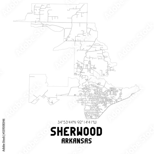 Sherwood Arkansas. US street map with black and white lines.