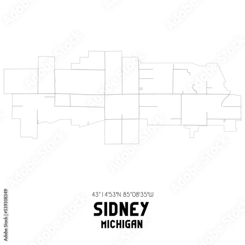 Sidney Michigan. US street map with black and white lines.