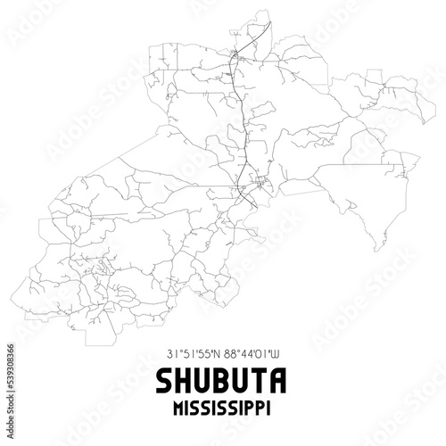 Shubuta Mississippi. US street map with black and white lines.