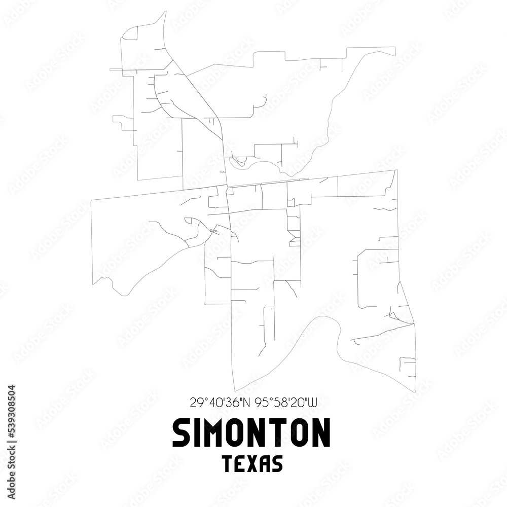 Simonton Texas. US street map with black and white lines.