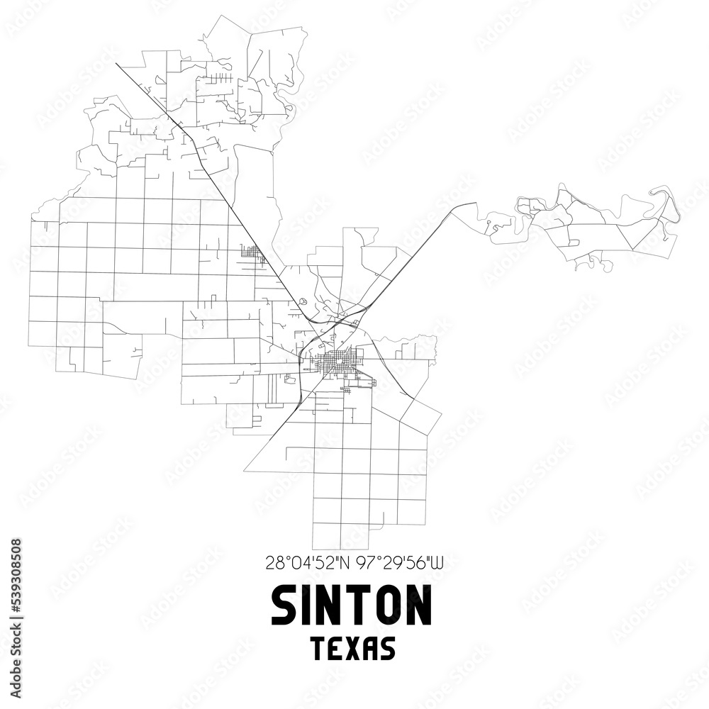 Sinton Texas. US street map with black and white lines. Stock