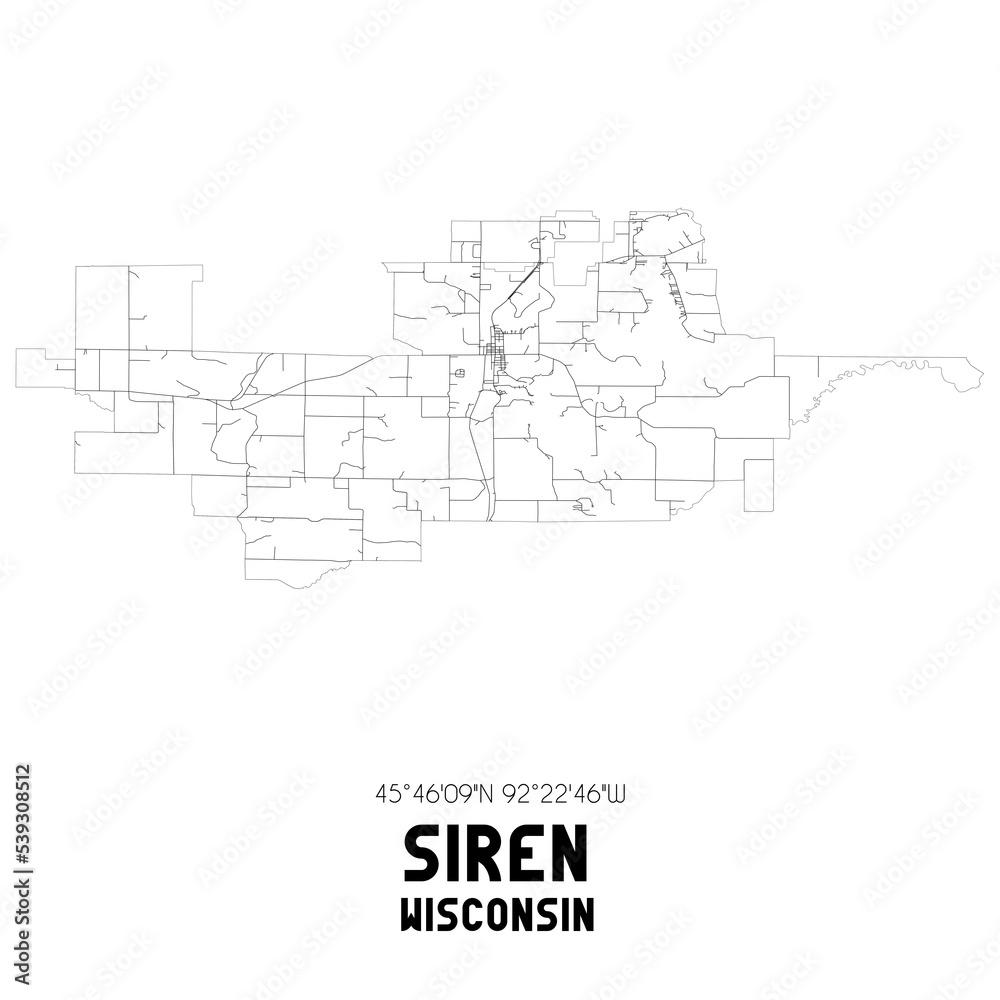 Siren Wisconsin. US street map with black and white lines.