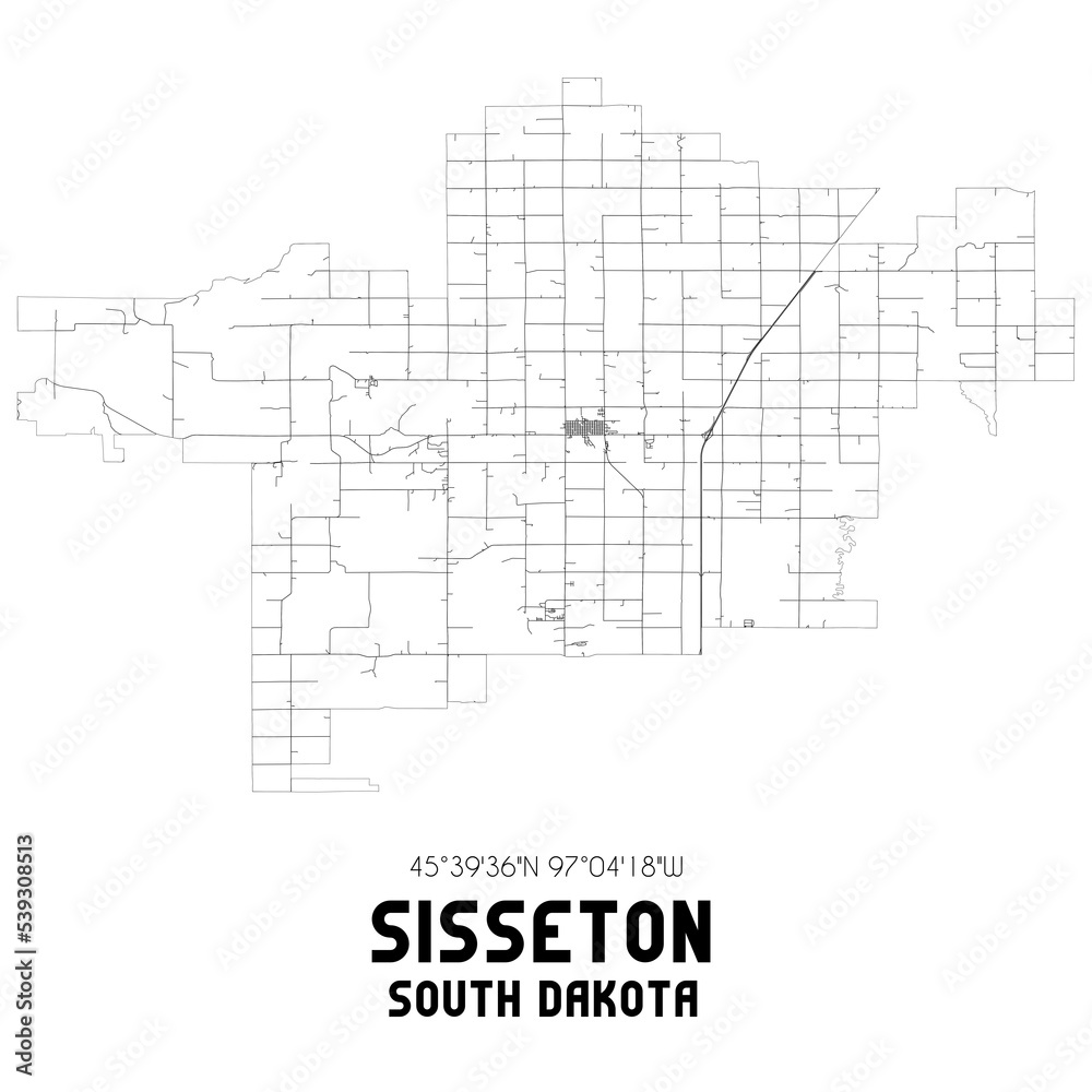 Sisseton South Dakota. US street map with black and white lines.