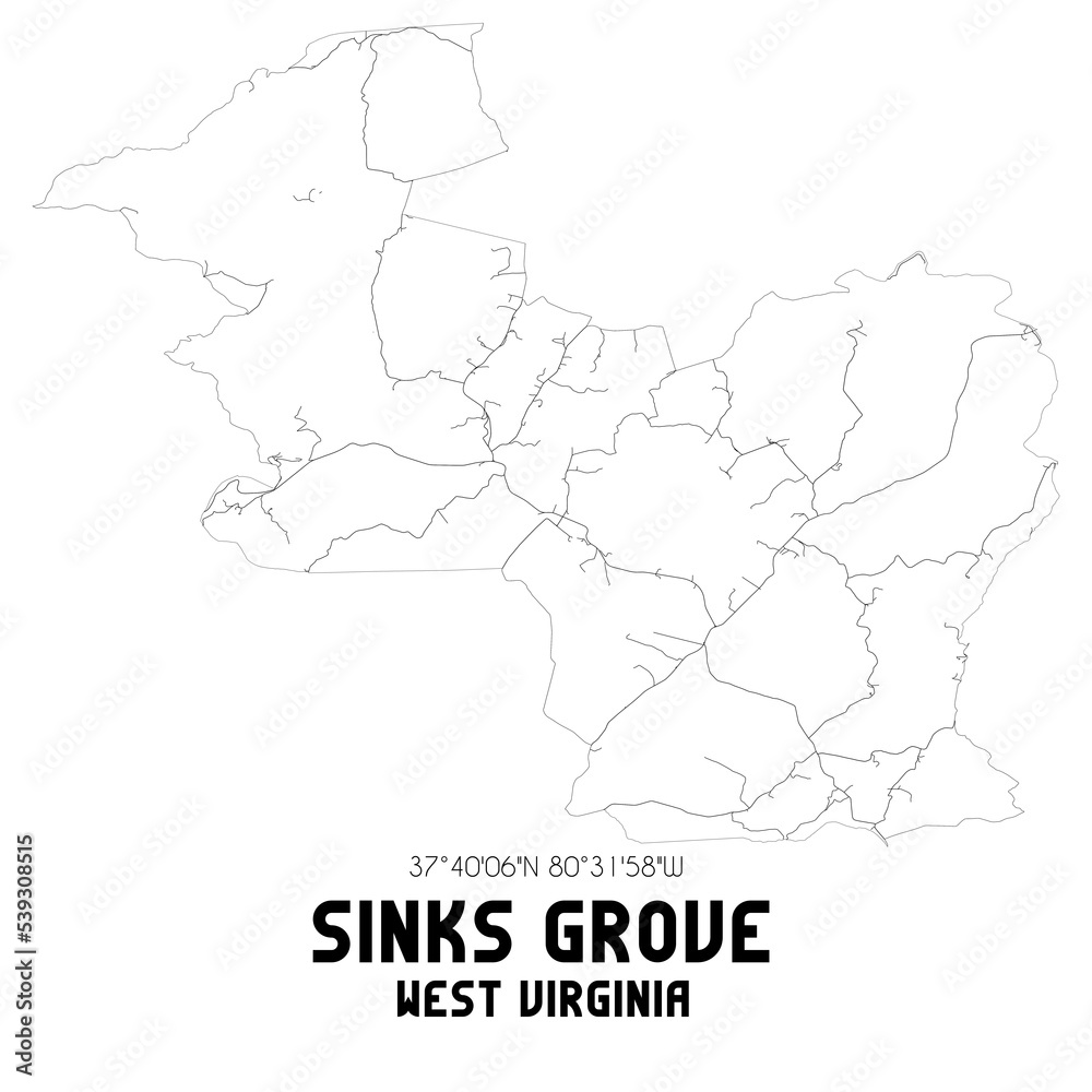 Sinks Grove West Virginia. US street map with black and white lines.