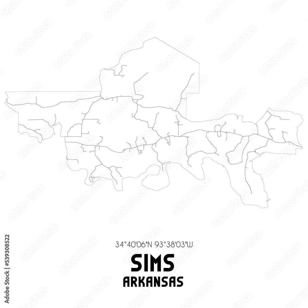 Sims Arkansas. US street map with black and white lines.