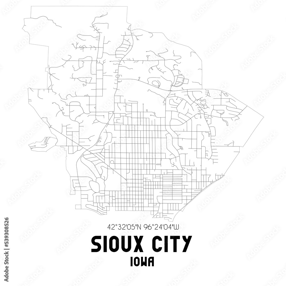 Sioux City Iowa. US street map with black and white lines.