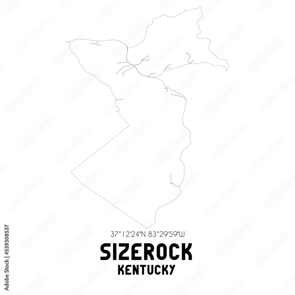Sizerock Kentucky. US street map with black and white lines.
