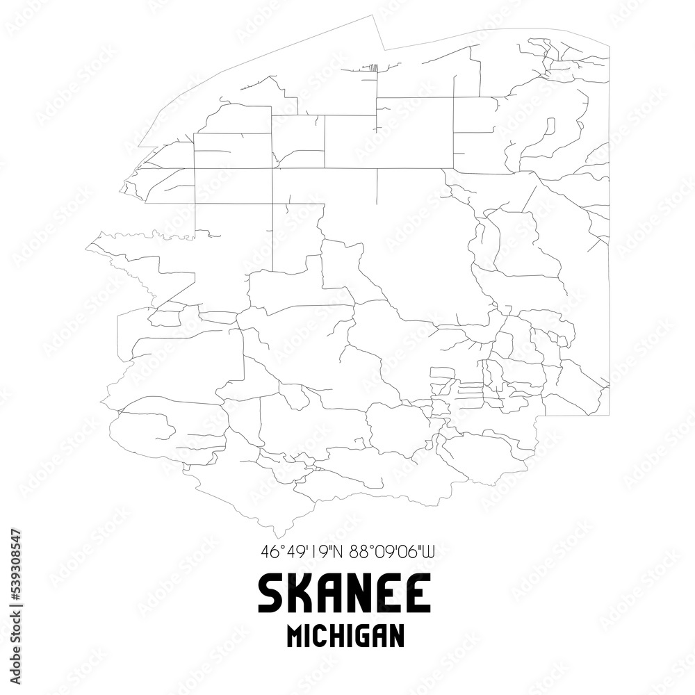 Skanee Michigan. US street map with black and white lines.