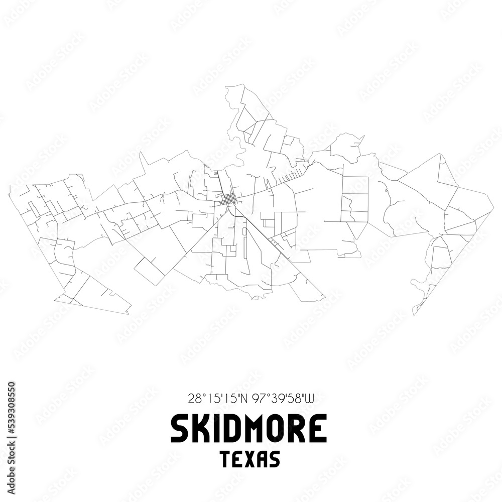 Skidmore Texas. US street map with black and white lines. Stock