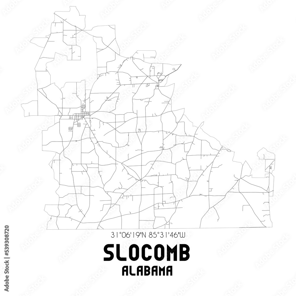 Slocomb Alabama. US street map with black and white lines.