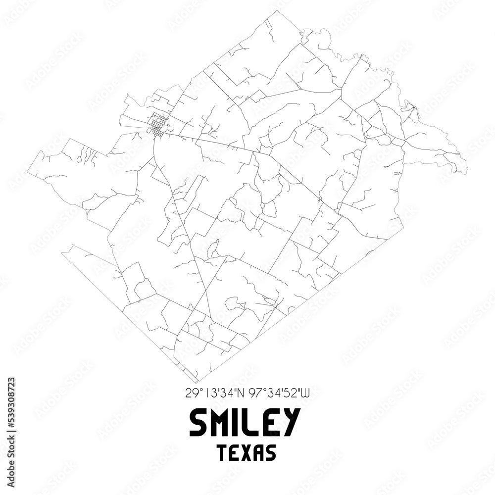 Smiley Texas. US street map with black and white lines.