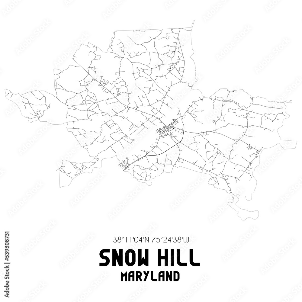 Snow Hill Maryland. US street map with black and white lines.