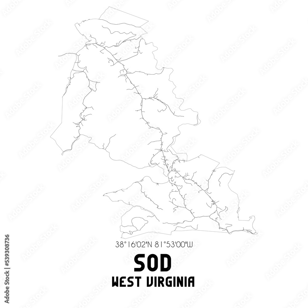 Sod West Virginia. US street map with black and white lines.
