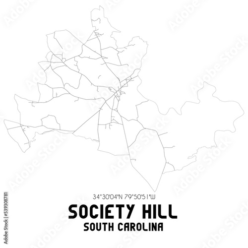 Society Hill South Carolina. US street map with black and white lines.