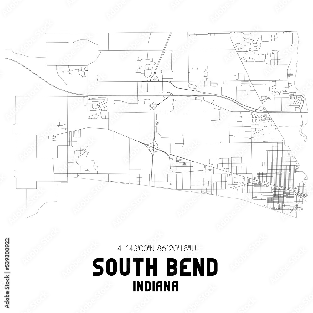 South Bend Indiana. US street map with black and white lines.