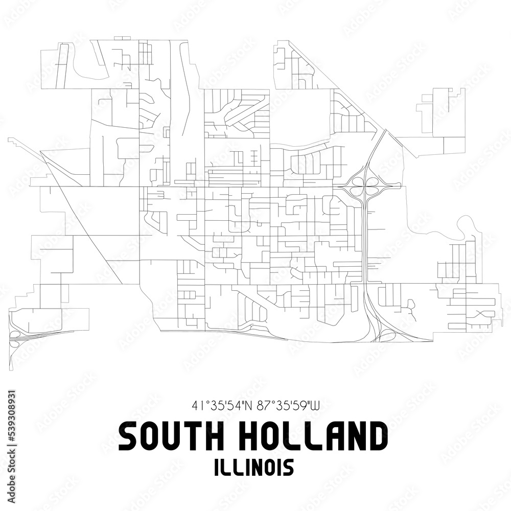 South Holland Illinois. US street map with black and white lines.