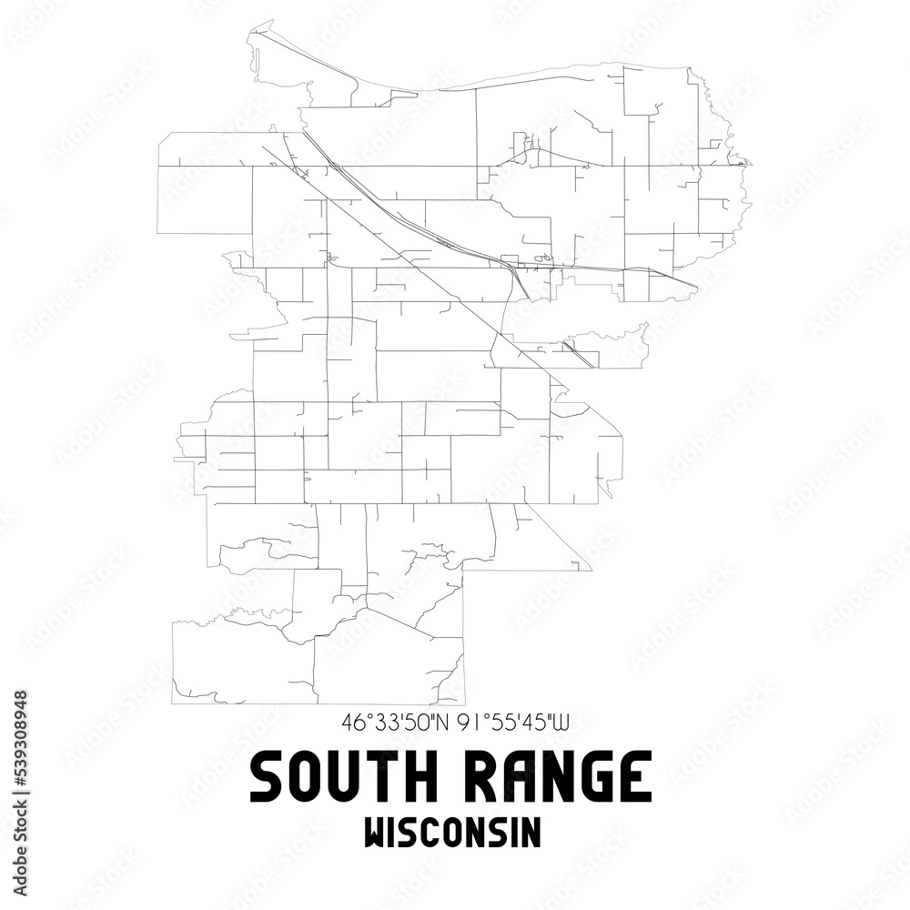 South Range Wisconsin. US street map with black and white lines.
