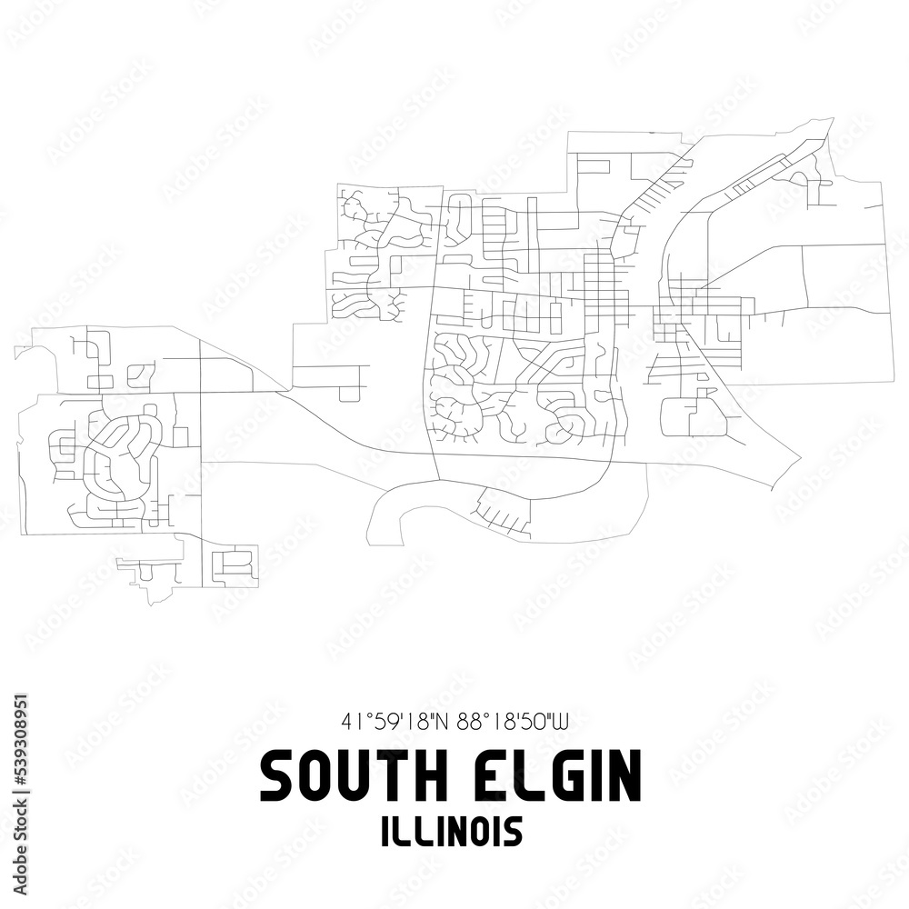 South Elgin Illinois. US street map with black and white lines.