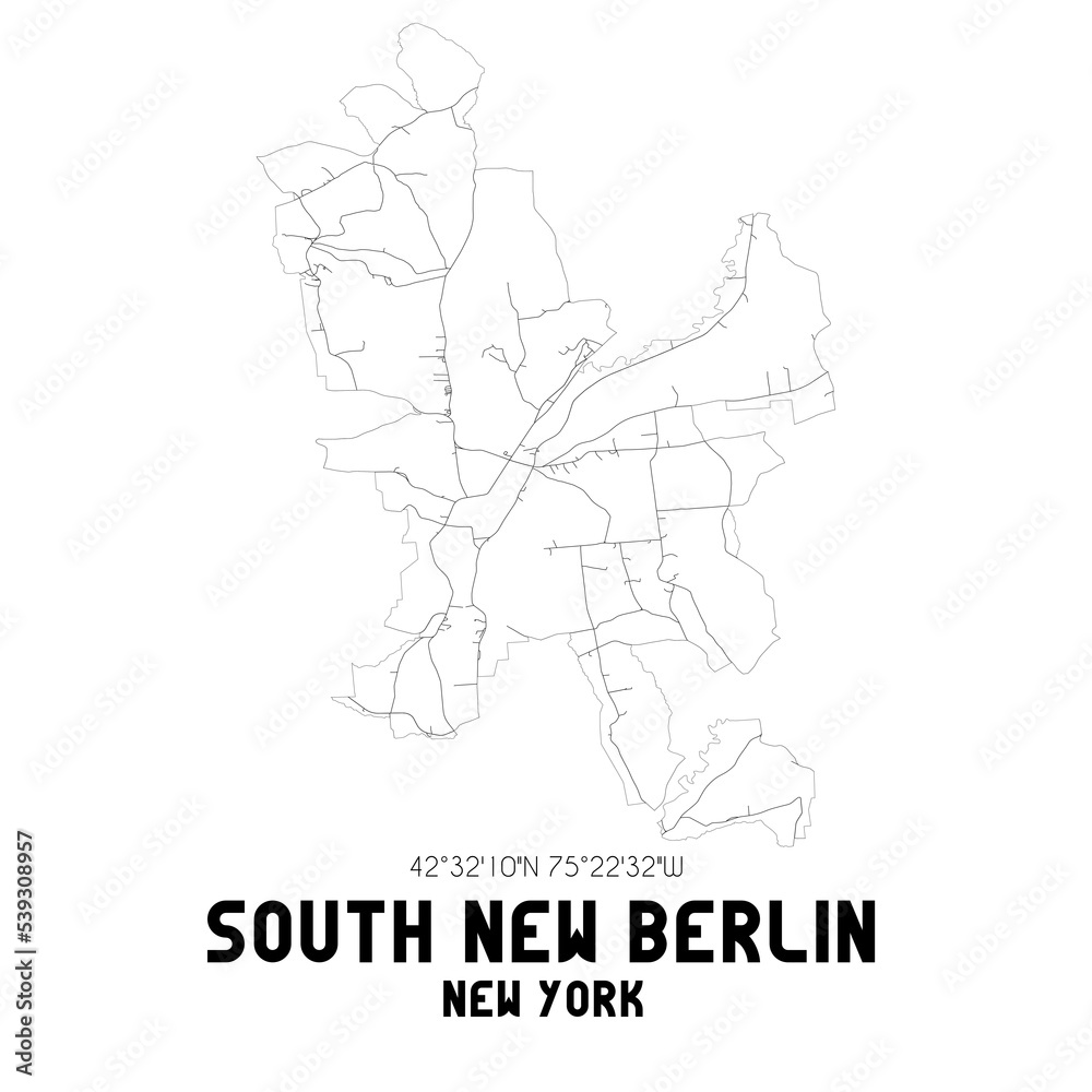South New Berlin New York. US street map with black and white lines.