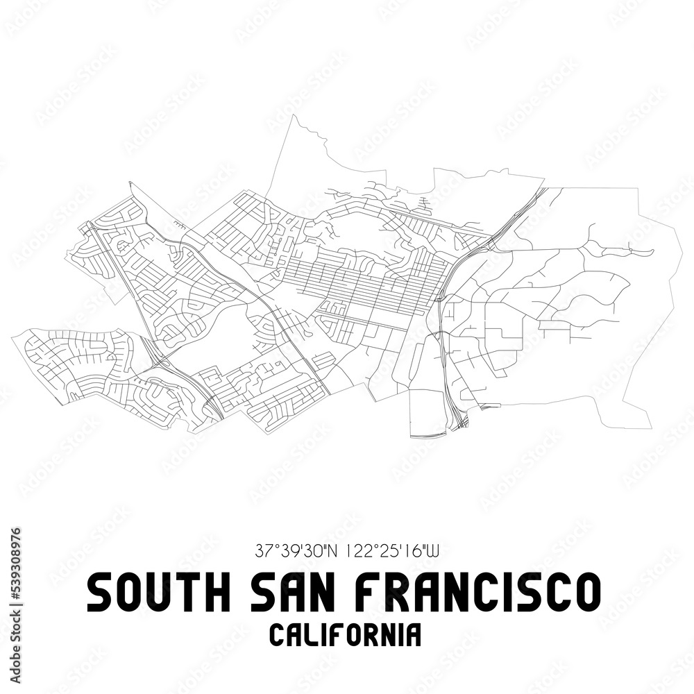South San Francisco California. US street map with black and white lines.