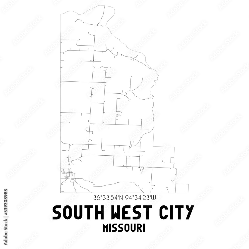 South West City Missouri. US street map with black and white lines.