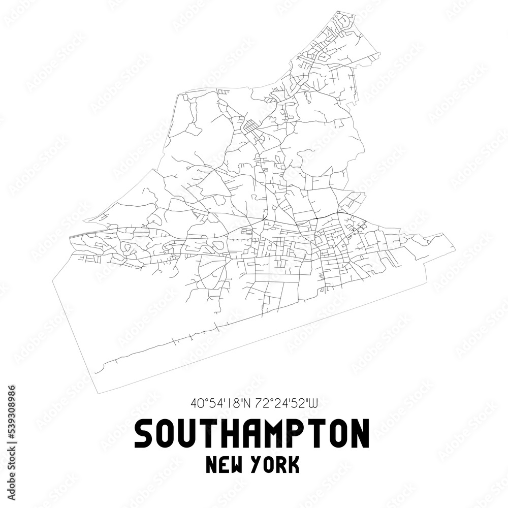 Southampton New York. US street map with black and white lines.