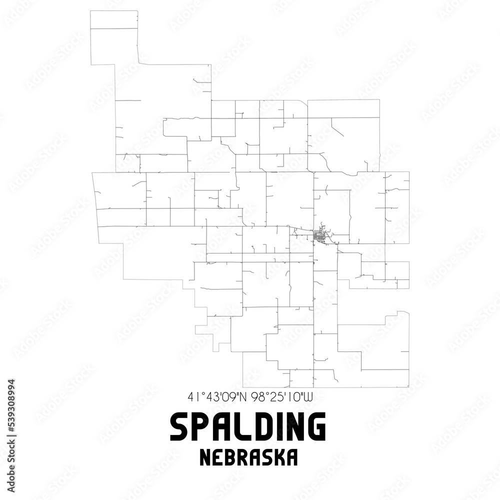 Spalding Nebraska. US street map with black and white lines.
