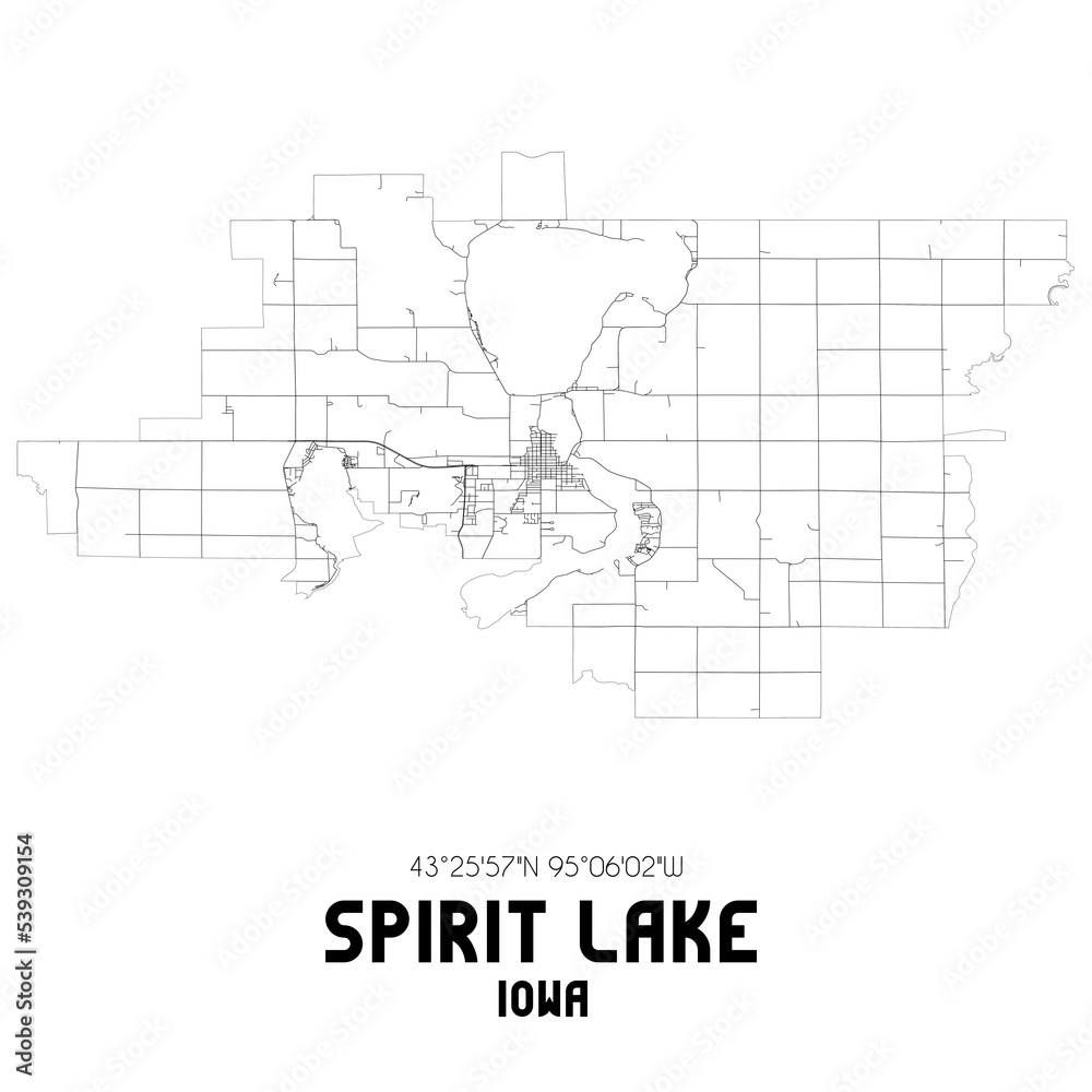Spirit Lake Iowa. US street map with black and white lines.