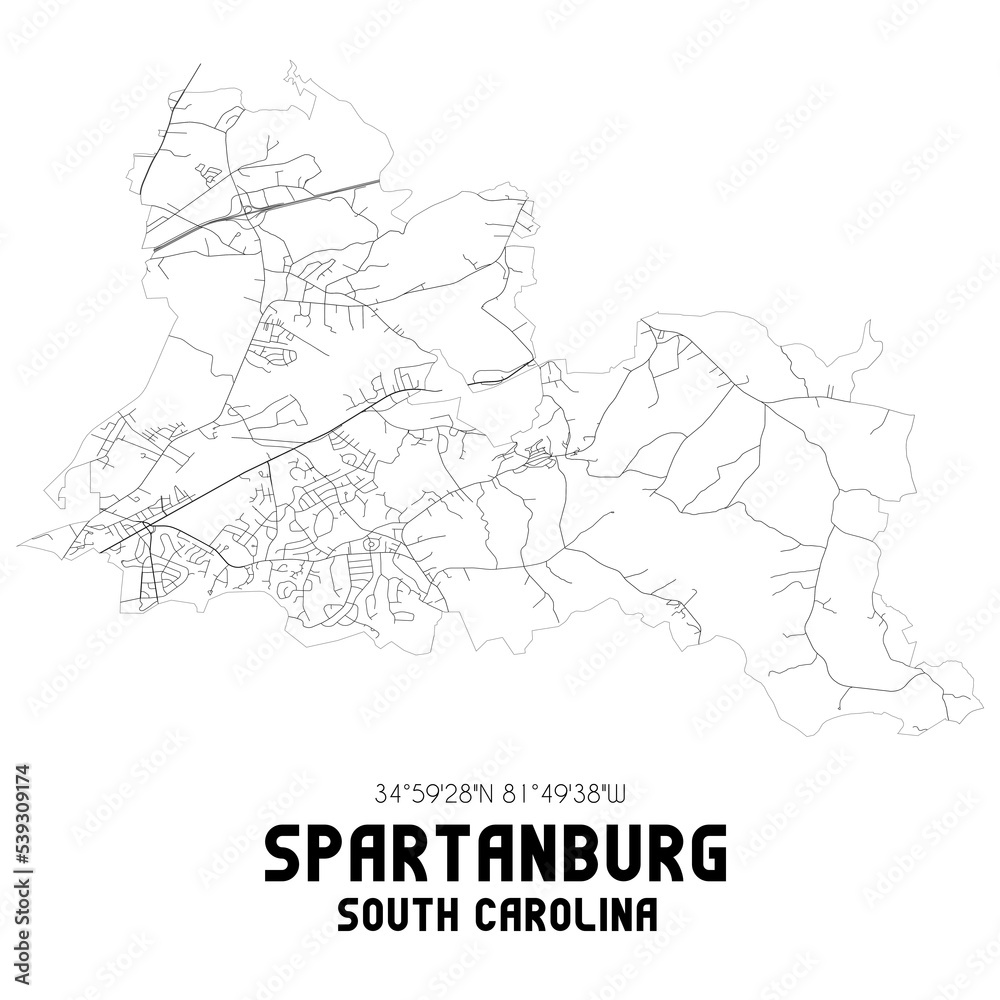 Spartanburg South Carolina. US street map with black and white lines.