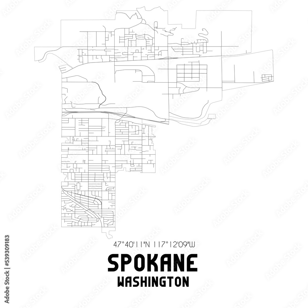 Spokane Washington. US street map with black and white lines.