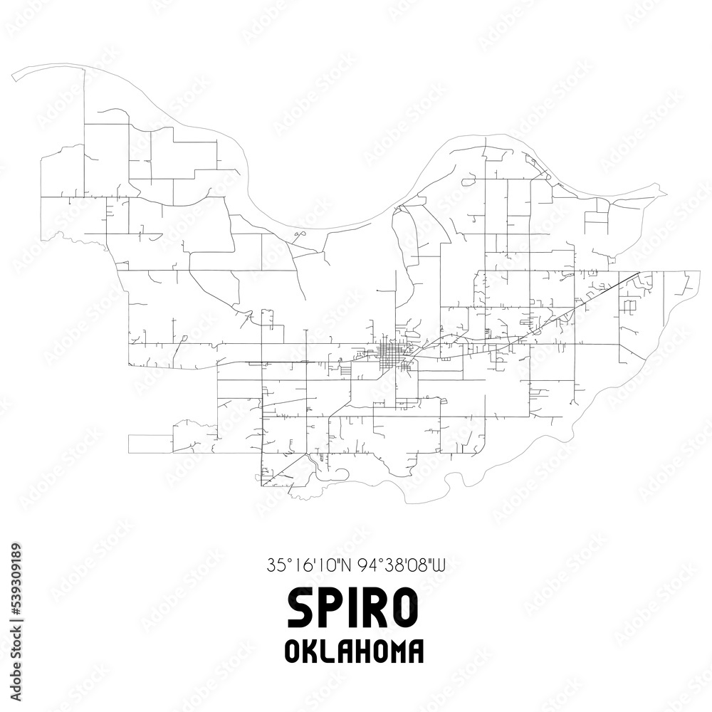 Spiro Oklahoma. US street map with black and white lines.