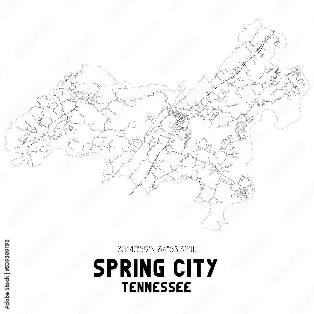 Spring City Tennessee. US street map with black and white lines.